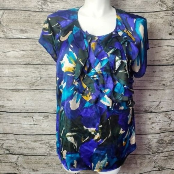 LANE BRYANT WOMENS PLUS SIZE 14/16 BLOUSE MULTI COLOR SIDE RUFFLE CAP SLEEVE TOP - Picture 1 of 7